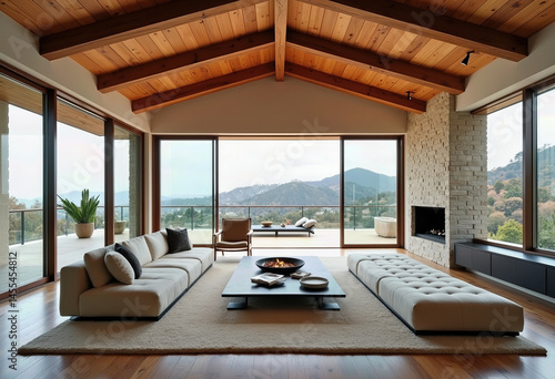 Japandi Design in LA: A Modern Hollywood Hills Living Room Featuring a Wooden Ceiling, Breathtaking Views, and a Tranquil Neutral Color Palette
