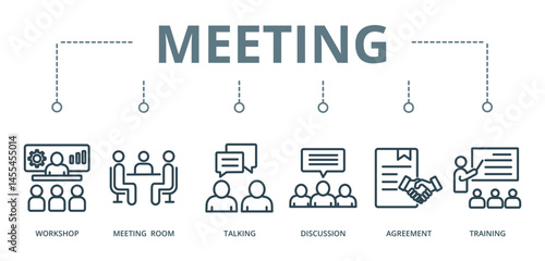 Meeting concept banner with icon of workshop, meeting room, talking, discussion, agreement, and training






