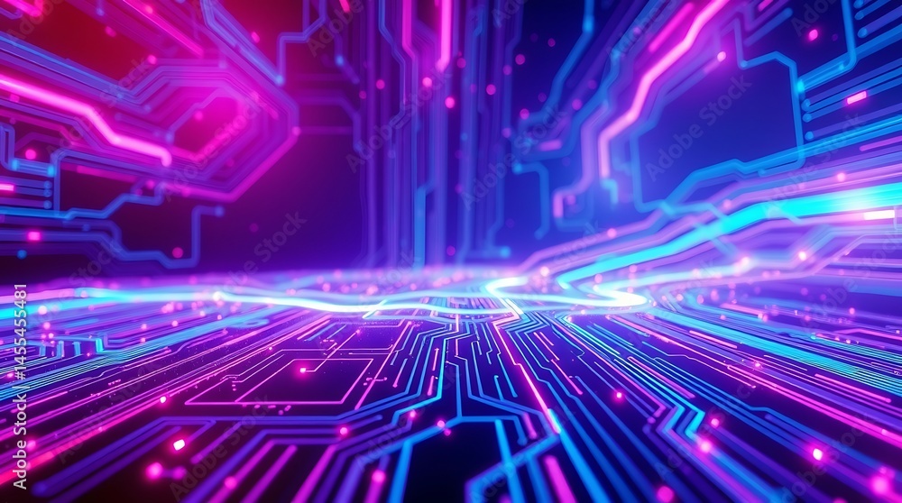 Obraz premium High-tech abstract background with holographic neon circuit board patterns. Ultra-HD 3D render, rich burgundy and deep blue, sophisticated and elegant, charming features