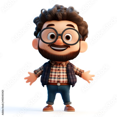 Happy Cartoon Man Character Illustration 3D model with glasses and plaid shirt