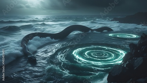Enormous Sea Serpent Emerging from Ocean Depths