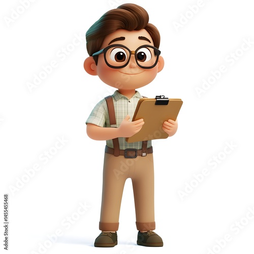 Happy Cartoon Boy Student Holding Clipboard Making Notes Studying Education Concept