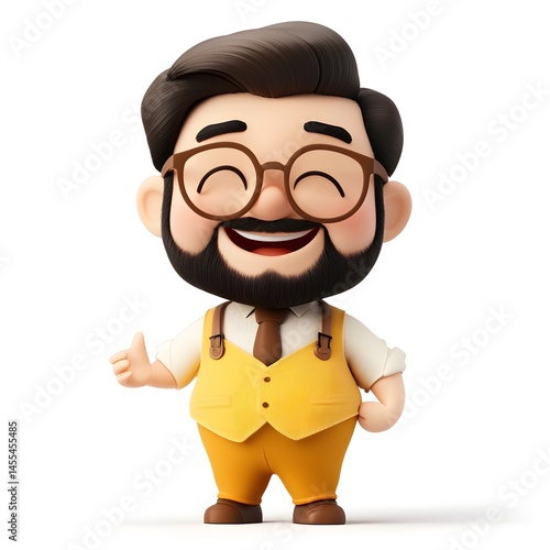 Happy cartoon man with beard and glasses giving thumbs up Positive 3D illustration character