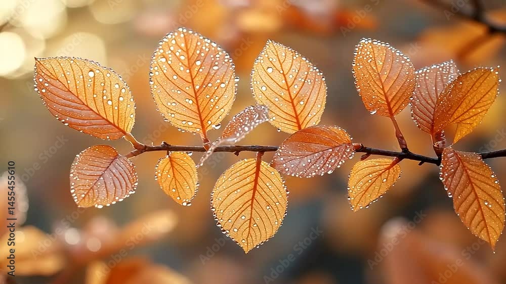 Autumn leaves with dew drops. Close-up view of a branch with orange-toned leaves, covered in glistening water droplets. Soft, warm light Autumn leaves with dew drops. Close-up view of a branch with orange-toned leaves, covered in glistening water droplets. Soft, warm light
