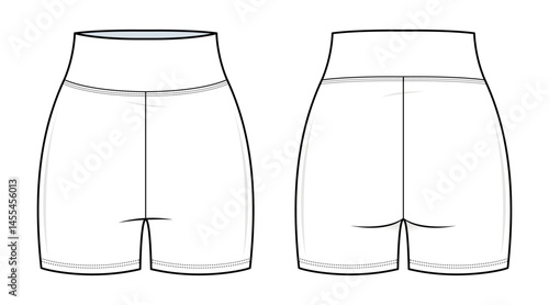 Waist-Shaping Legging Shorts Technical Fashion Illustration. High-Waisted Compression Shorts Vector Template. Front, Back View. Body-Hugging Fit. Sculpting Silhouette. Women’s Activewear. CAD Mockup 