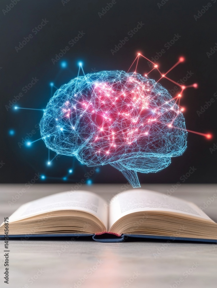 AI Powered NLP System Visualized as Giant Brain Above Open Book
