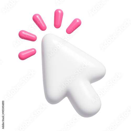 Smooth white three dimensional mouse pointer highlighting selection with vibrant pink click signals.