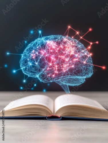 Obraz na płótnie AI Powered NLP System Visualized as Giant Brain Above Open Book w salonie