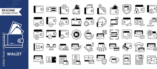 Wallet editable icon set in duotone style. Containing e-wallet, credit card, cash, cardholder, coin and more. Vector illustration