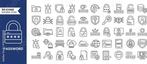 Password editable icon set in line style. Containing secure, authentication, encryption, biometric lock, lock alert, digital lock, and more. Vector illustration