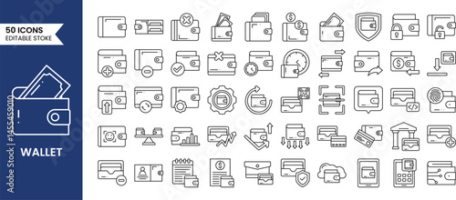 Wallet line editable icon set. Containing e-wallet, credit card, cash, cardholder, coin and more. Vector illustration
