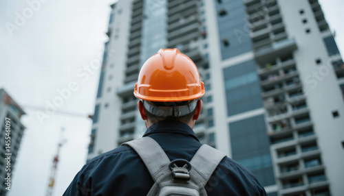 Construction worker wearing orange hard hat observes skyscraper under construction, showcasing dedication and effort involved in urban development