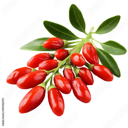 Isolated Photo of Goji Berries and Leaves on Transparent Background