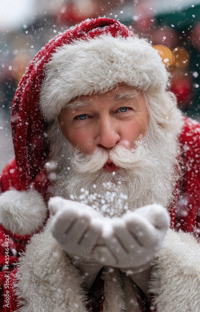 Close-up of Santa Claus blowing snow out of his hand Close-up of Santa Claus blowing snow out of his hand