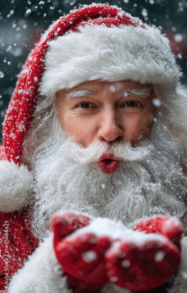 Close-up of Santa Claus blowing snow out of his hand, with heavy snowfall in the city. Close-up of Santa Claus blowing snow out of his hand, with heavy snowfall in the city.