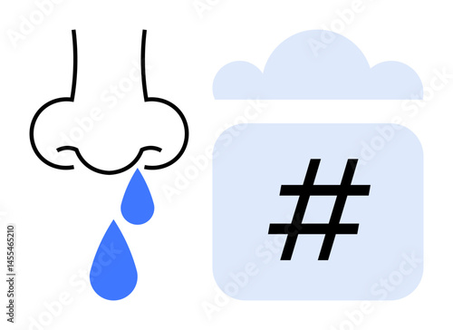 Dripping nose with blue drops next to a cloud-thumbs up calendar with a metadata tag. Ideal for allergy awareness, weather effects, health forecasts, seasonal campaigns, medical education, digital