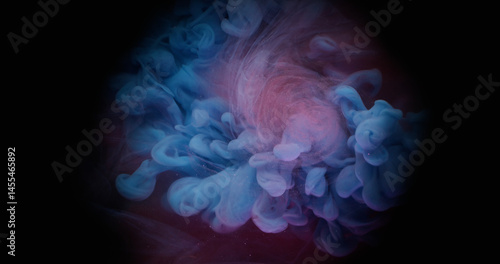 Steam cloud. Art fume. Blue pink smoke wave spilling on black background. Fantasy color haze blending stream abstract blur background.