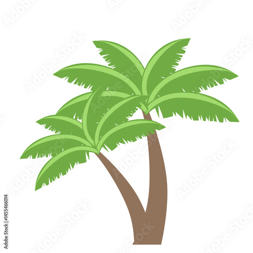 A stylized illustration of a tropical palm tree with curved brown trunks and layered green fronds, representing summer, nature, and island landscapes in a botanical style.