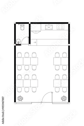 Small Restaurant or Cafe Floor Plan with Kitchen and Restroom Lines Black on white background. 9