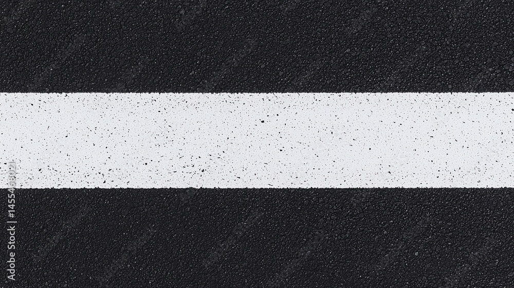 Fototapeta premium A white road line on black asphalt, viewed from above, showing a simple, textured street marking.