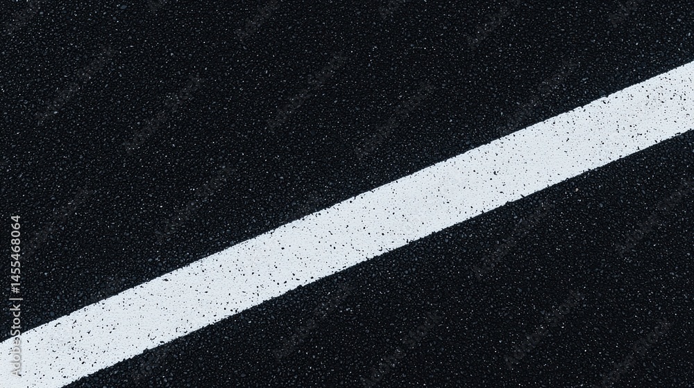 Fototapeta premium A single white line painted diagonally across a dark, textured asphalt road surface.