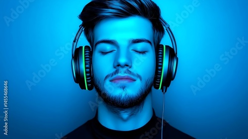 A young man with closed eyes enjoys music on headphones, bathed in blue light.