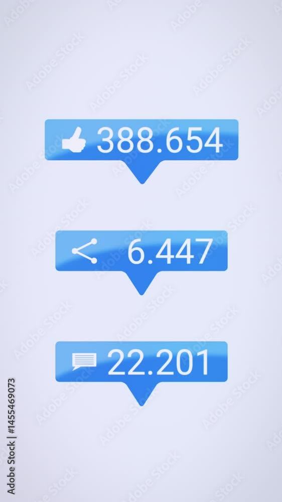 Vertical video animation of Like, Share and Comments button in blue with increasing count of numbers on white background - social media reaction buttons. Vertical video animation of Like, Share and Comments button in blue with increasing count of numbers on white background - social media reaction buttons.