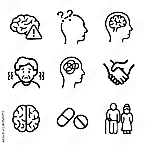 A set of doodle line icons alzheimer's disease, cognitive decline, elderly care, and mental health treatment and support concepts