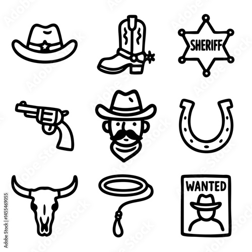 A set of doodle line icons featuring cowboy gear, western symbols, and wild west elements for vintage American frontier visuals