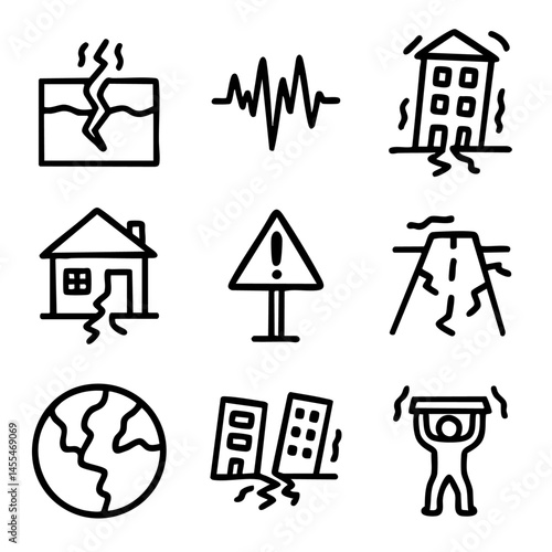 A set of doodle line icons showing earthquake effects, seismic activity, and emergency preparedness for natural disaster awareness visuals
