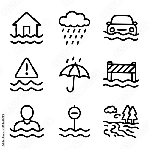 A set of doodle line icons showing flood situations, rain, and water hazards for natural disaster and emergency preparedness visuals