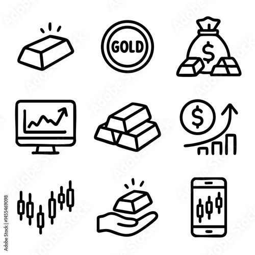 A set of doodle line icons illustrating gold bars, price charts, trading tools, and financial growth for investment and market visuals