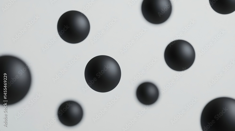 Black spheres float against a plain light background, creating a minimalistic and modern abstract composition. Black spheres float against a plain light background, creating a minimalistic and modern abstract composition.