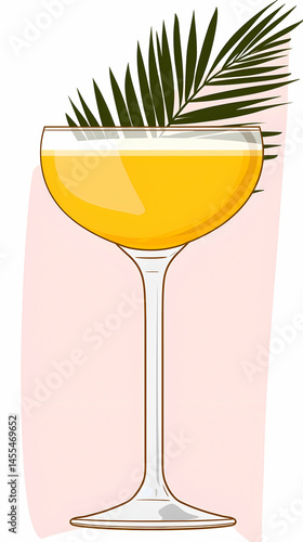 Tropical cocktail in coupe glass, palm leaf garnish, pink background, summer drinks menu