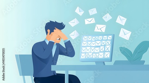 Overwhelmed Businessman Facing Email Overload at Work