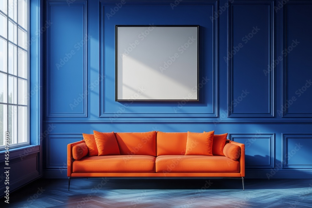 Fototapeta premium Modern interior design featuring a vibrant orange couch.