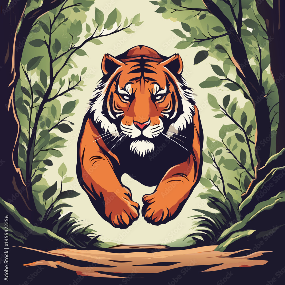 Obraz premium Majestic Tigers in Motion – Jungle Wildlife Illustration Grid