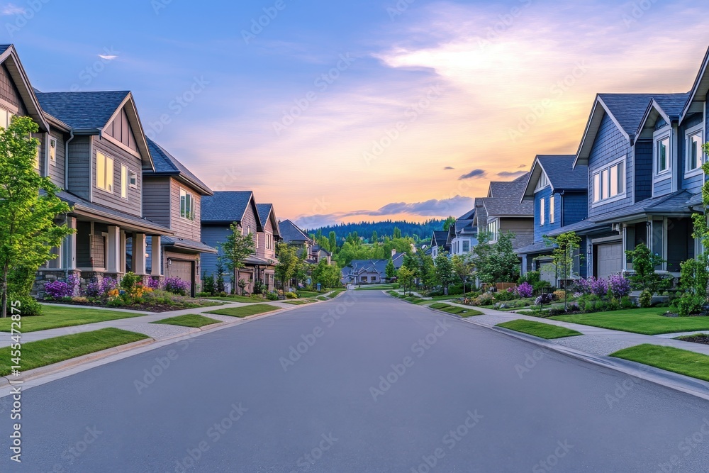 Street With Houses. New Residential Neighborhood at Sunset with Landscaped Yards and Sidewalks Street With Houses. New Residential Neighborhood at Sunset with Landscaped Yards and Sidewalks