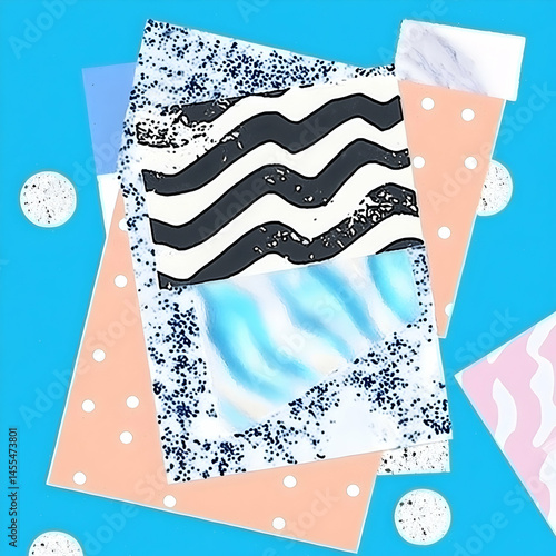 Abstract collage art design; geometric shapes, wavy lines, marble textures; vibrant colors; playful background. Use social media, website banners