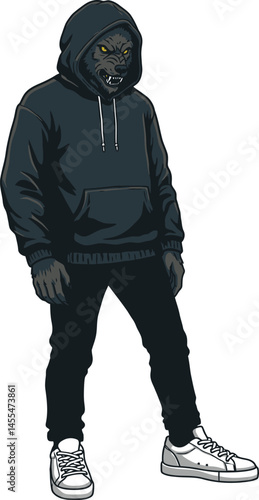 Wolf Head Hoodie Man Illustration, Wolf Character Wearing Casual Outfit