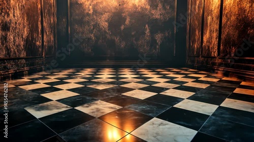 Dark, aged room with checkered floor, textured walls, and subtle lighting