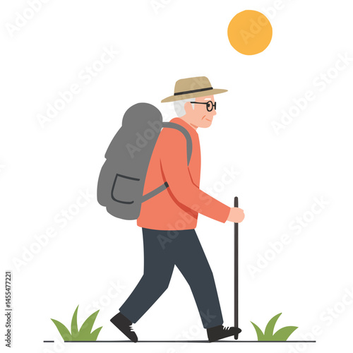 Elderly man hiking trail - vigorous senior male walking mountain path enjoying scenic views and fresh air, embodying active aging and love for nature.
