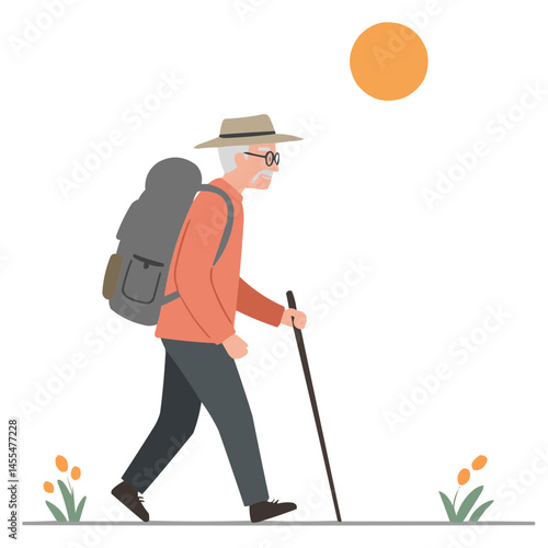 Elderly man hiking trail - vigorous senior male walking mountain path enjoying scenic views and fresh air, embodying active aging and love for nature.