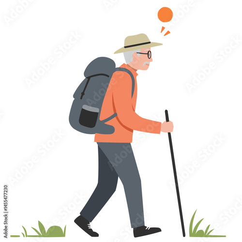 Elderly man hiking trail - vigorous senior male walking mountain path enjoying scenic views and fresh air, embodying active aging and love for nature.