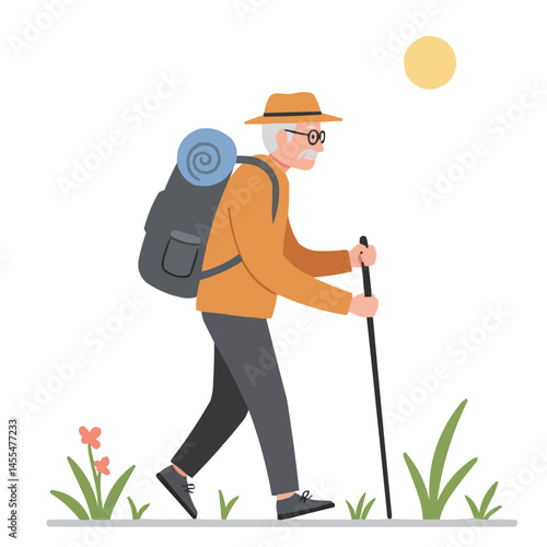 Elderly man hiking trail - vigorous senior male walking mountain path enjoying scenic views and fresh air, embodying active aging and love for nature.