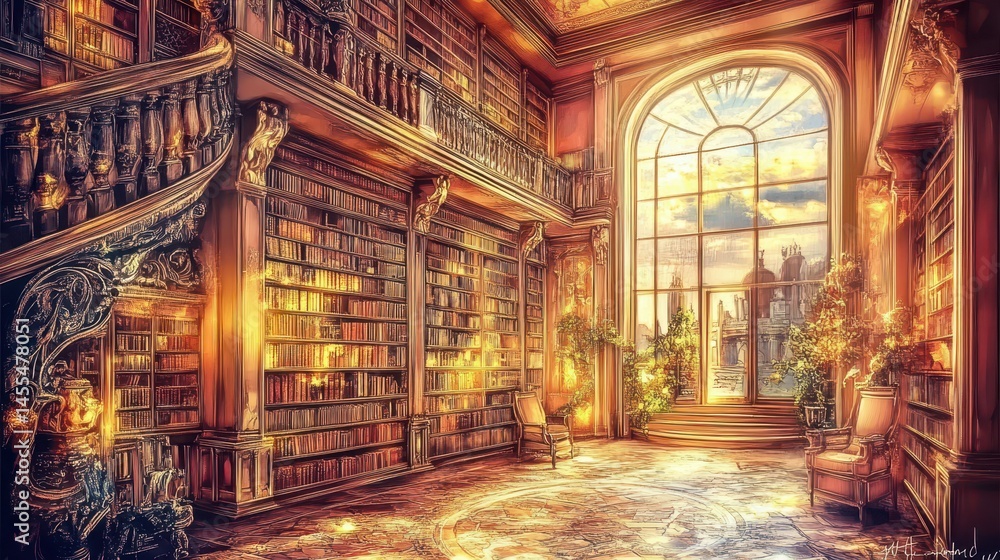 Fototapeta premium Mystical library interior illuminated by ambient light with arched windows and extensive book collections and plants creating a warm atmosphere