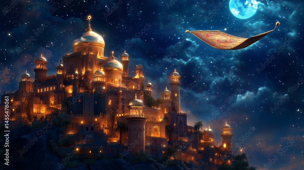 Naklejka premium 夜の宮殿と空飛ぶ絨毯のイメージ