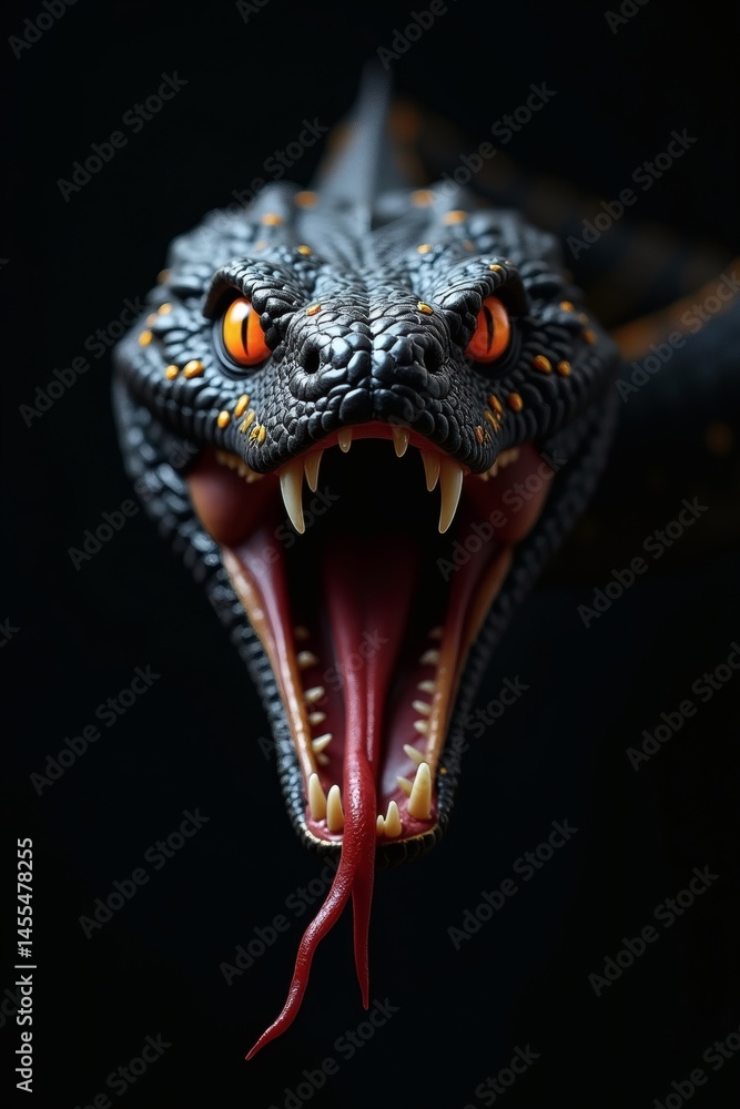 Fototapeta premium A hyperrealistic fierce black serpent lunging forward