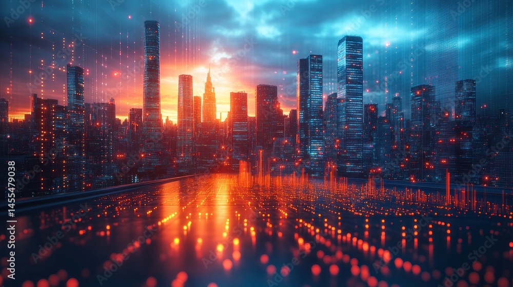 Fototapeta premium Cyberpunk Cityscape: A futuristic metropolis at sunset, bathed in vibrant orange and blue hues, with digital data streams flowing through the urban landscape. A breathtaking view.