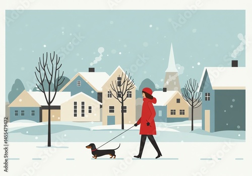 Woman walks dachshund in snow covered village during winter season art
